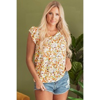 Green Floral Print Ruffled Sleeveless V Neck Tank Top - L thumbnail