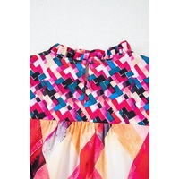 Rose Red Abstract Geometric Pattern Patchwork Puff Sleeve Blouse - L thumbnail