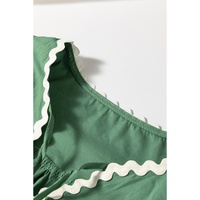 Mist Green Ric Rac Trim Tie Split Neck Short Sleeve Blouse - L thumbnail