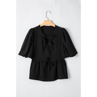 Black Puff Sleeve Bowknot Front Peplum Blouse - S thumbnail