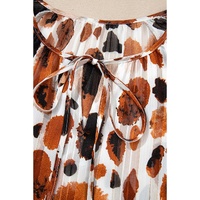 Brown Metallic Threading Accents Pleated Abstract Printed Ruffled 3/4 Sleeve Blouse - L thumbnail