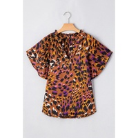 Orange Leopard Printed Draped Short Sleeve Slit V Neck Blouse - L thumbnail