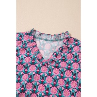 Sachet Pink V-Neck Ruffle Abstract Floral Print Puff Sleeve Top - L thumbnail