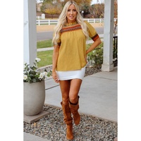 Mustard Geometric Short Puff Sleeve Frilled Collar Blouse - L thumbnail