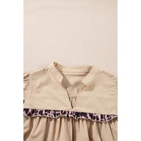 Smoke Gray Leopard Ruffles Trim Tiered Short Sleeve Blouse - L thumbnail