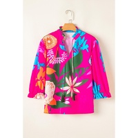 Rose Blooming Flower Print Ruffled Puff Sleeve Blouse - M thumbnail