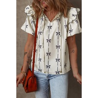 Beige Bow Printed Ruffled Bubble Sleeve Tied Notched V Neck Blouse - L thumbnail