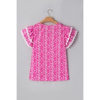 Pink Floral Print Ric-rac Tiered Ruffled V Neck Blouse - L thumbnail