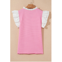 Pink Contrast V Neck Ruffled Textured Knit Top - XL thumbnail