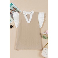 Pale Khaki Contrast V Neck Ruffled Textured Knit Top - L thumbnail