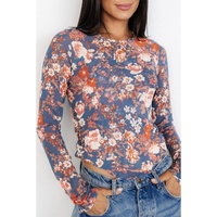 Orchid Petal Floral Print Mesh Fitted Long Sleeve Top - L thumbnail