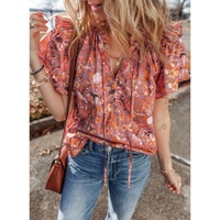 Orange Floral Print Ruffled Flutter Sleeve Frilled V Neck Blouse - L thumbnail