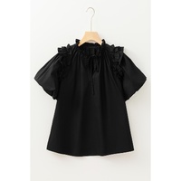 Black Ruffled Puff Short Sleeve Loose Blouse - L thumbnail