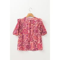 Red Floral Print Ruffled Puff Short Sleeve Blouse - L thumbnail