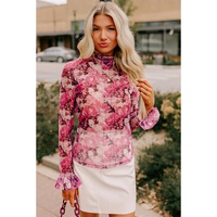Rose Floral Mesh Flounce Sleeve Mock Neck Blouse - L thumbnail