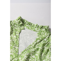 Light Green Floral Ruffle Puff Short Sleeve Frilled Collar V Neck Blouse - L thumbnail
