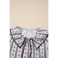 White Floral Ruffled Collar Short Puff Sleeve Printed Blouse - L thumbnail