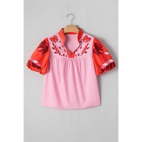 Pink Floral Embroidered Notch V Neck Puff Sleeve Babydoll Blouse - L thumbnail