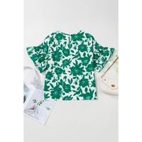 Green Floral Printed Ruffled Short Sleeve Round Neck Loose Blouse - L thumbnail