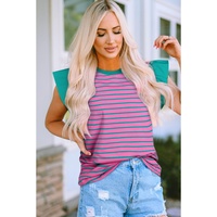 Pink Stripe Colorblock Ruffled Sleeve Crew Neck Blouse - L thumbnail