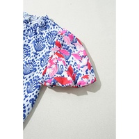 Blue Western Fashion Print Floral Puff Sleeve Frilled Neck Blouse - L thumbnail