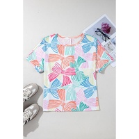 Multicolour Bowknot Printed Waffle Crewneck Loose Short Sleeve Top - L thumbnail