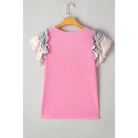 Bonbon Striped Ruffle Flutter Sleeve Ribbed Blouse - L thumbnail