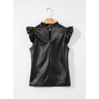 Black PU Leather Frilly Ruffle Trim Blouse - XL thumbnail