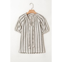 Gray Stripe Frilled Tie Neck Short Sleeve Blouse - L thumbnail