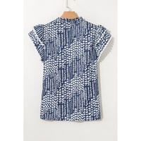 Sky Blue Abstract Print Ric Rac Trim Flutter Sleeve Notch V Neck Blouse - XL thumbnail