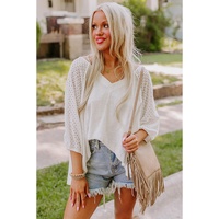 White Eyelet Patchwork High Low Hem V Neck Oversized Top - L thumbnail