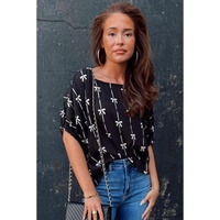 Black Bow Print Puff Short Sleeve Top - L thumbnail