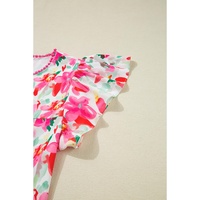 Rose Floral Print Flutter Sleeve Round Neck Casual Blouse - L thumbnail