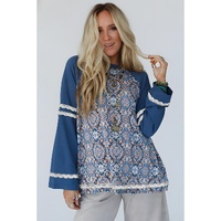 Blue Geometric Printed Lace Patchwork Ric Rac Raglan Long Sleeve Top - L thumbnail