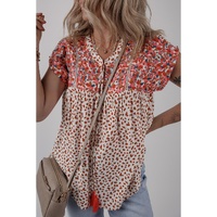 Red Printed Embroidery Detail Tie Split Neck Blouse - L thumbnail