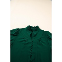 Blackish Green Solid Puff Sleeve Frilled Trim Elegant Blouse - L thumbnail