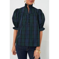 Green Stripe Plaid Puff Sleeve Frilled Trim Elegant Blouse - L thumbnail
