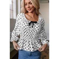 Black Polka Dot Puff Sleeve Bow Square Neck Peplum Top - L thumbnail