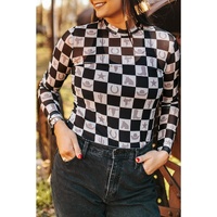 Black Checkerboard Western Elements Printed Mesh Long Sleeve Top - S thumbnail
