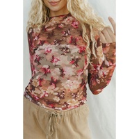 Red Floral Print Sheer Mesh Long Sleeve Top - L thumbnail