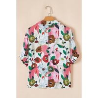 Pink Floral Print Slit V Neck Short Sleeve Blouse - XL thumbnail