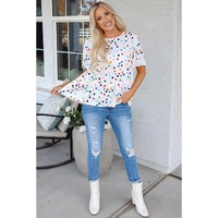 White Colorful Polka Dot Short Sleeve Tiered Ruffled Babydoll Blouse - L thumbnail