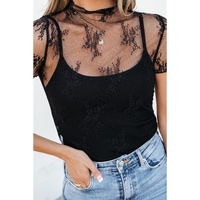 Black Floral Sheer Mesh Short Sleeve Mock Neck Blouse - XL thumbnail