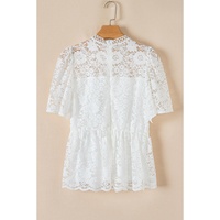 White Short Sleeve Scalloped Floral Lace Peplum Blouse - M thumbnail