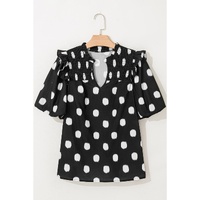 Black Polka Dot Print Shirred Yoke Notched Neck Balloon Sleeve Blouse - L thumbnail