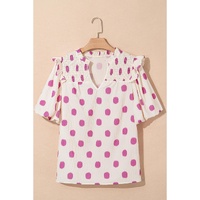 Rose Polka Dot Print Shirred Yoke Notched Neck Balloon Sleeve Blouse - L thumbnail
