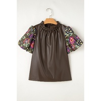 Four Leaf Clover Floral Bubble Sleeve Patchwork Leatherette Frilled Round Neck Blouse - L thumbnail