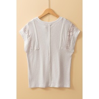 White Ribbed Texture Lace Patchwork Short Sleeve Top - M thumbnail