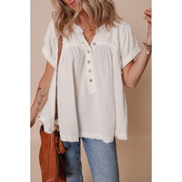 White Textured Short Sleeve Buttons Frayed Blouse - XL thumbnail