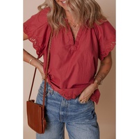 Red Dahlia Floral Embroidered Scallop Trim Short Sleeve V Neck Blouse - L thumbnail